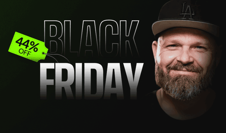 Black Friday sale advertisement with 44% off tag and smiling man in a cap.