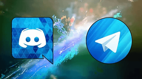 Discord and Telegram logos on a colorful abstract background.